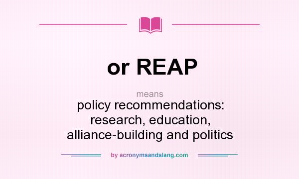 What does or REAP mean? It stands for policy recommendations: research, education, alliance-building and politics
