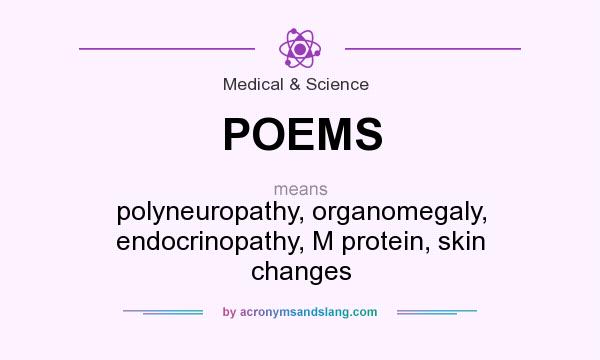 What does POEMS mean? It stands for polyneuropathy, organomegaly, endocrinopathy, M protein, skin changes