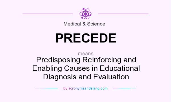 What does PRECEDE mean? It stands for Predisposing Reinforcing and Enabling Causes in Educational Diagnosis and Evaluation