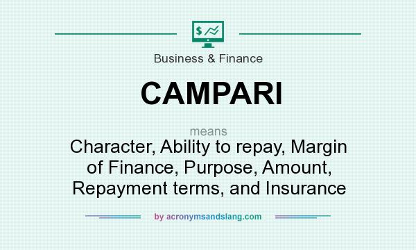 What does CAMPARI mean? It stands for Character, Ability to repay, Margin of Finance, Purpose, Amount, Repayment terms, and Insurance