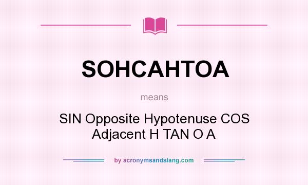 What does SOHCAHTOA mean? It stands for SIN Opposite Hypotenuse COS Adjacent H TAN O A