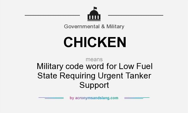 What does CHICKEN mean? It stands for Military code word for Low Fuel State Requiring Urgent Tanker Support