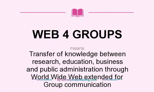 What does WEB 4 GROUPS mean? It stands for Transfer of knowledge between research, education, business and public administration through World Wide Web extended for Group communication