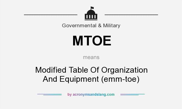 What does MTOE mean? It stands for Modified Table Of Organization And Equipment (emm-toe)