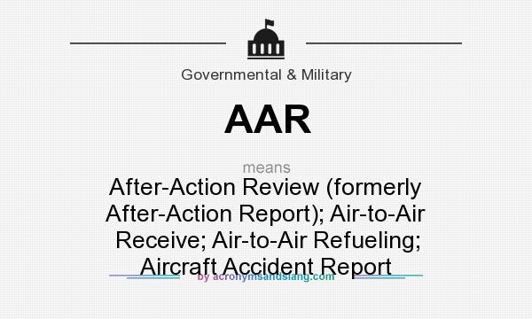What does AAR mean? It stands for After-Action Review (formerly After-Action Report); Air-to-Air Receive; Air-to-Air Refueling; Aircraft Accident Report
