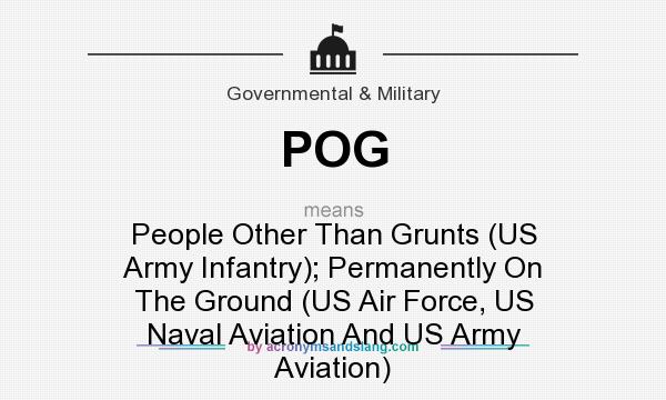 What does POG mean? It stands for People Other Than Grunts (US Army Infantry); Permanently On The Ground (US Air Force, US Naval Aviation And US Army Aviation)