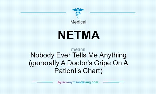 What does NETMA mean? It stands for Nobody Ever Tells Me Anything (generally A Doctor`s Gripe On A Patient`s Chart)