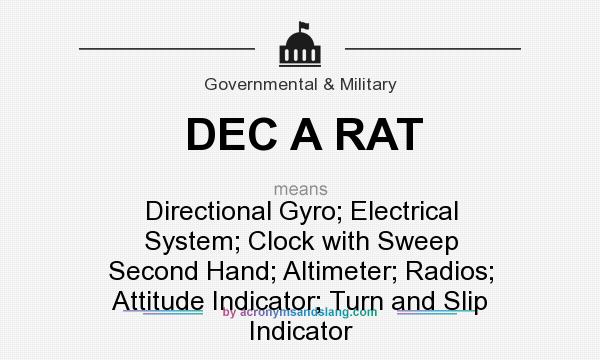 What does DEC A RAT mean? It stands for Directional Gyro; Electrical System; Clock with Sweep Second Hand; Altimeter; Radios; Attitude Indicator; Turn and Slip Indicator