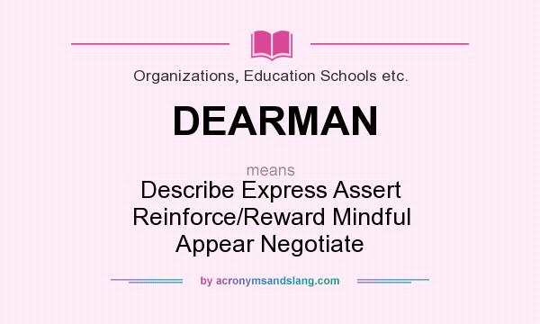 What does DEARMAN mean? It stands for Describe Express Assert Reinforce/Reward Mindful Appear Negotiate