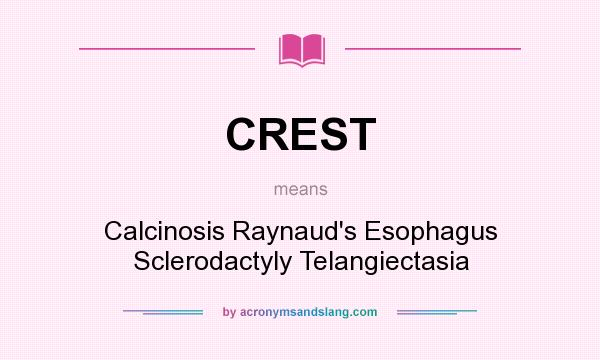 What does CREST mean? It stands for Calcinosis Raynaud`s Esophagus Sclerodactyly Telangiectasia