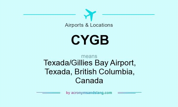 What does CYGB mean? It stands for Texada/Gillies Bay Airport, Texada, British Columbia, Canada