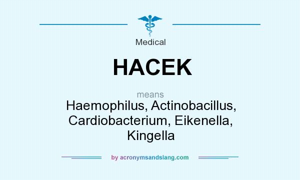 What does HACEK mean? It stands for Haemophilus, Actinobacillus, Cardiobacterium, Eikenella, Kingella