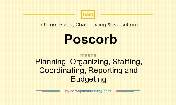 What does Poscorb mean? It stands for Planning, Organizing, Staffing, Coordinating, Reporting and Budgeting