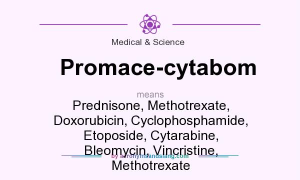 What does Promace-cytabom mean? It stands for Prednisone, Methotrexate, Doxorubicin, Cyclophosphamide, Etoposide, Cytarabine, Bleomycin, Vincristine, Methotrexate