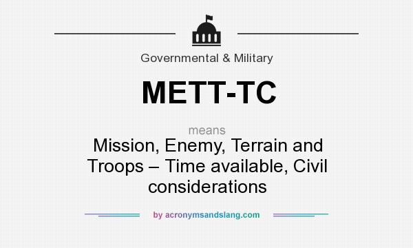 What does METT-TC mean? It stands for Mission, Enemy, Terrain and Troops – Time available, Civil considerations