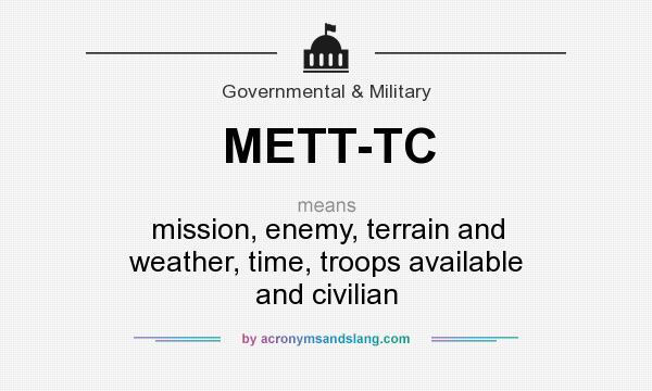 What does METT-TC mean? It stands for mission, enemy, terrain and weather, time, troops available and civilian