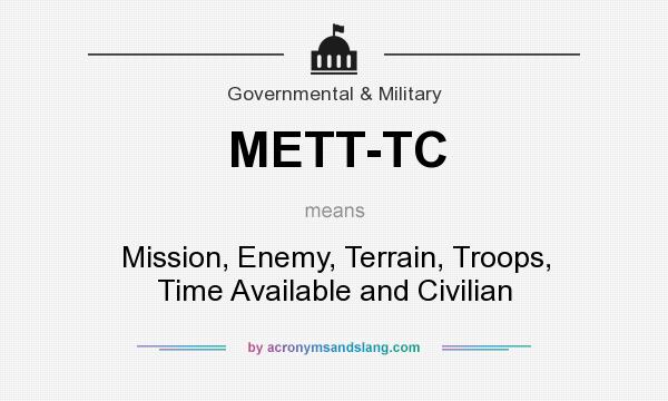 What does METT-TC mean? It stands for Mission, Enemy, Terrain, Troops, Time Available and Civilian