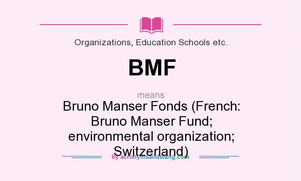 What does BMF mean? It stands for Bruno Manser Fonds (French: Bruno Manser Fund; environmental organization; Switzerland)