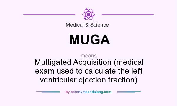 What does MUGA mean? It stands for Multigated Acquisition (medical exam used to calculate the left ventricular ejection fraction)