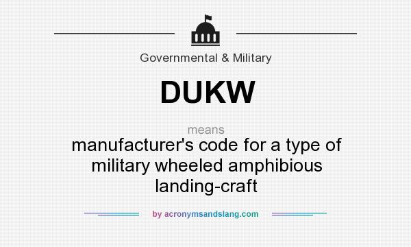 What does DUKW mean? It stands for manufacturer`s code for a type of military wheeled amphibious landing-craft