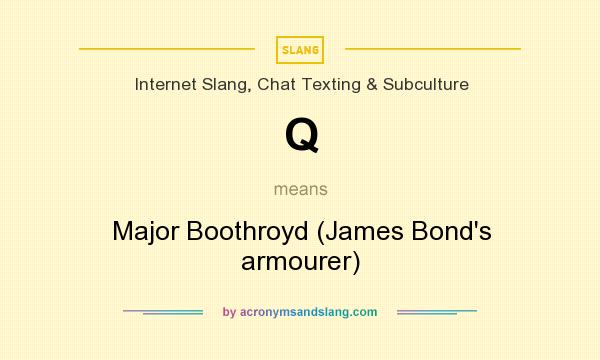 What does Q mean? It stands for Major Boothroyd (James Bond`s armourer)
