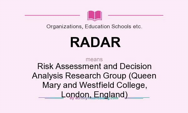 What does RADAR mean? It stands for Risk Assessment and Decision Analysis Research Group (Queen Mary and Westfield College, London, England)