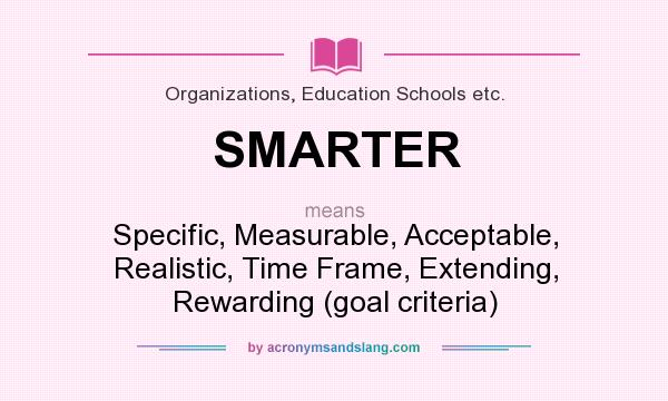 What does SMARTER mean? It stands for Specific, Measurable, Acceptable, Realistic, Time Frame, Extending, Rewarding (goal criteria)