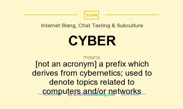 What does CYBER mean? It stands for [not an acronym] a prefix which derives from cybernetics; used to denote topics related to computers and/or networks