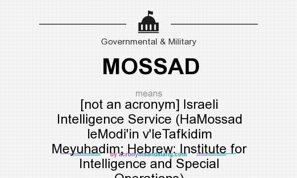 What does MOSSAD mean? It stands for [not an acronym] Israeli Intelligence Service (HaMossad leModi`in v`leTafkidim Meyuhadim; Hebrew: Institute for Intelligence and Special Operations)
