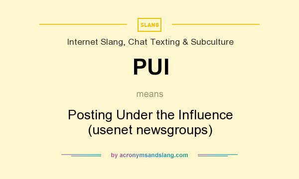 What does PUI mean? It stands for Posting Under the Influence (usenet newsgroups)