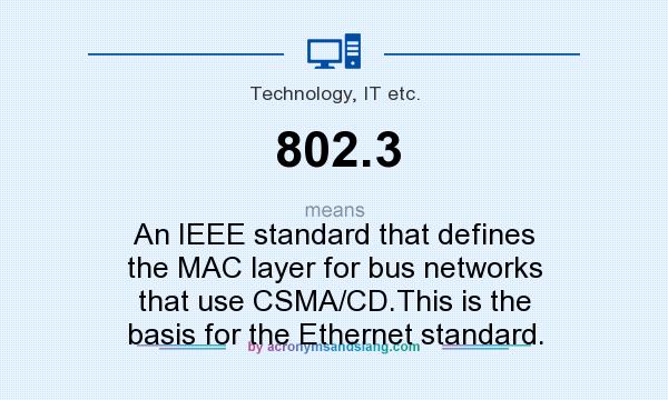 What does 802.3 mean? It stands for An IEEE standard that defines the MAC layer for bus networks that use CSMA/CD.This is the basis for the Ethernet standard.