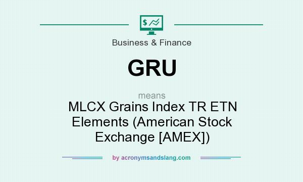 What does GRU mean? It stands for MLCX Grains Index TR ETN Elements (American Stock Exchange [AMEX])