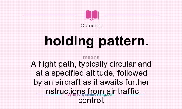 What does holding pattern. mean? It stands for A flight path, typically circular and at a specified altitude, followed by an aircraft as it awaits further instructions from air traffic control.