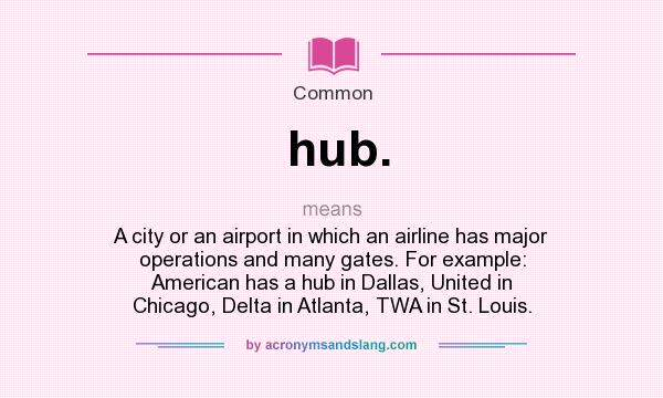 What does hub. mean? It stands for A city or an airport in which an airline has major operations and many gates. For example: American has a hub in Dallas, United in Chicago, Delta in Atlanta, TWA in St. Louis.