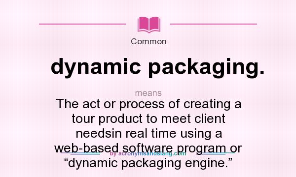 What does dynamic packaging. mean? It stands for The act or process of creating a tour product to meet client needsin real time using a web-based software program or “dynamic packaging engine.”
