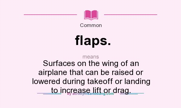 What does flaps. mean? It stands for Surfaces on the wing of an airplane that can be raised or lowered during takeoff or landing to increase lift or drag.