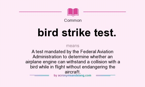 What does bird strike test. mean? It stands for A test mandated by the Federal Aviation Administration to determine whether an airplane engine can withstand a collision with a bird while in flight without endangering the aircraft.