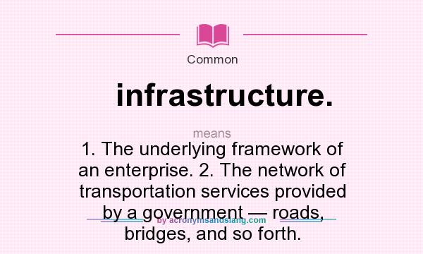What does infrastructure. mean? It stands for 1. The underlying framework of an enterprise. 2. The network of transportation services provided by a government — roads, bridges, and so forth.