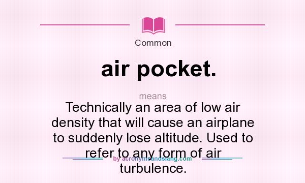 What does air pocket. mean? It stands for Technically an area of low air density that will cause an airplane to suddenly lose altitude. Used to refer to any form of air turbulence.