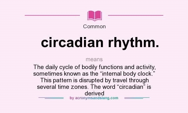 What does circadian rhythm. mean? It stands for The daily cycle of bodily functions and activity, sometimes known as the “internal body clock.” This pattern is disrupted by travel through several time zones. The word “circadian” is derived