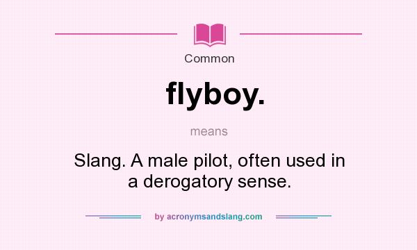 What does flyboy. mean? It stands for Slang. A male pilot, often used in a derogatory sense.