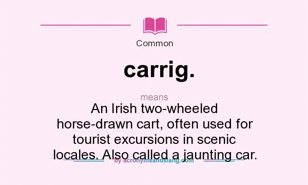 What does carrig. mean? It stands for An Irish two-wheeled horse-drawn cart, often used for tourist excursions in scenic locales. Also called a jaunting car.