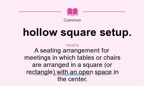 What does hollow square setup. mean? It stands for A seating arrangement for meetings in which tables or chairs are arranged in a square (or rectangle) with an open space in the center.