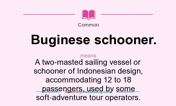 What does Buginese schooner. mean? It stands for A two-masted sailing vessel or schooner of Indonesian design, accommodating 12 to 18 passengers, used by some soft-adventure tour operators.