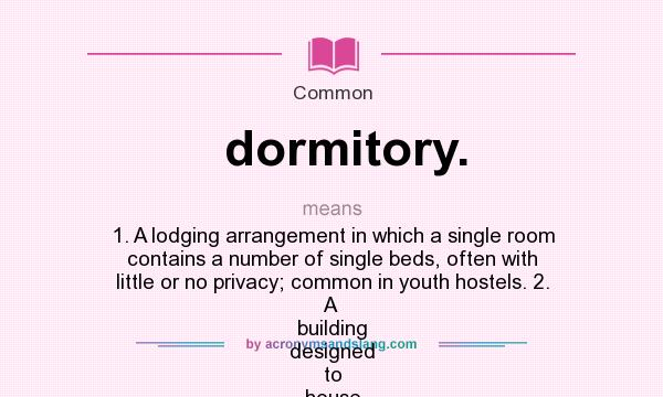 What does dormitory. mean? It stands for 1. A lodging arrangement in which a single room contains a number of single beds, often with little or no privacy; common in youth hostels. 2. A building designed to house students, containing small p