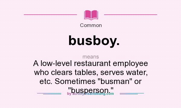 What does busboy. mean? It stands for A low-level restaurant employee who clears tables, serves water, etc. Sometimes busman or busperson.