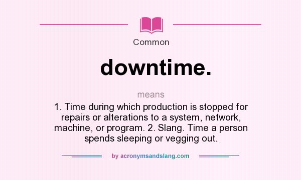 What does downtime. mean? It stands for 1. Time during which production is stopped for repairs or alterations to a system, network, machine, or program. 2. Slang. Time a person spends sleeping or vegging out.