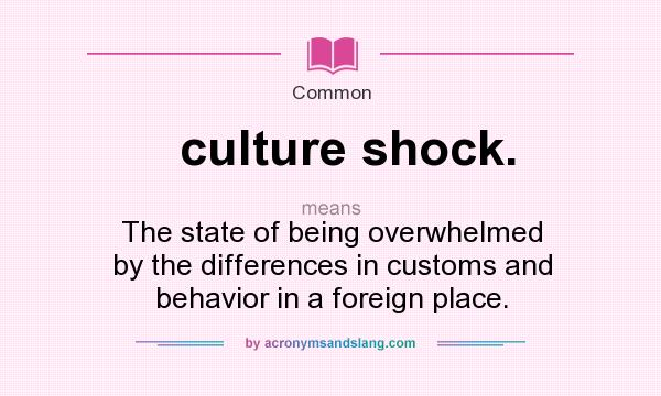 What does culture shock. mean? It stands for The state of being overwhelmed by the differences in customs and behavior in a foreign place.