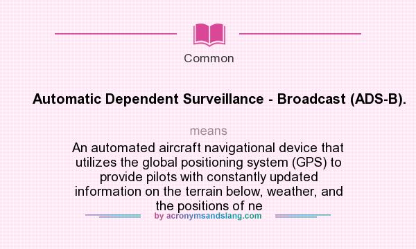 What does Automatic Dependent Surveillance - Broadcast (ADS-B). mean? It stands for An automated aircraft navigational device that utilizes the global positioning system (GPS) to provide pilots with constantly updated information on the terrain below, weather, and the positions of ne