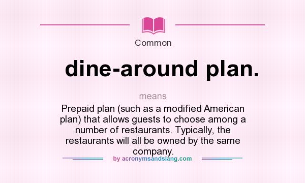 What does dine-around plan. mean? It stands for Prepaid plan (such as a modified American plan) that allows guests to choose among a number of restaurants. Typically, the restaurants will all be owned by the same company.